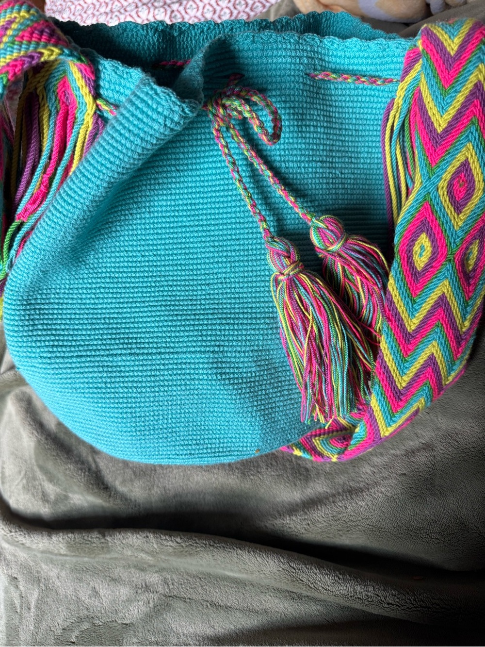 Handwoven Turquoise Bucket Bag with Multicolor Strap